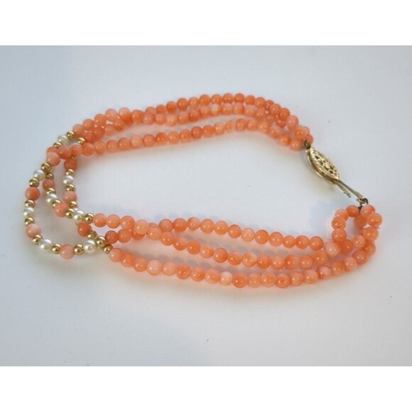 Vintage 3 strand pink angelskin coral bracelet with 14/20 gold clasp - Picture 1 of 5